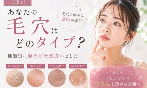 三田市で毛穴の種類と原因の違いを解説する美容記事のアイキャッチ画像。黒ずみ毛穴・開き毛穴・たるみ毛穴・詰まり毛穴の比較イメージ。