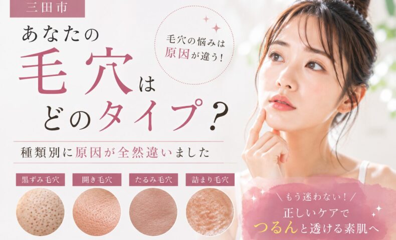 三田市で毛穴の種類と原因の違いを解説する美容記事のアイキャッチ画像。黒ずみ毛穴・開き毛穴・たるみ毛穴・詰まり毛穴の比較イメージ。