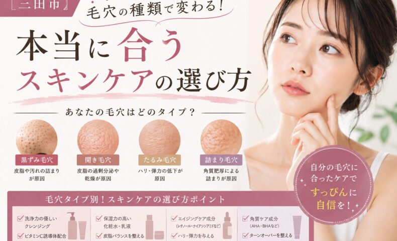 三田市の毛穴種類別スキンケアを解説する美容記事のアイキャッチ画像。黒ずみ毛穴・開き毛穴・たるみ毛穴・詰まり毛穴の違いと、タイプ別ケア方法を紹介している。