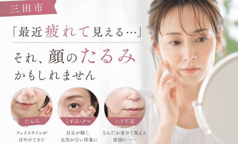 三田市で顔のたるみに悩む女性が鏡を見ながら頬に触れている様子。疲れて見える原因と、たるみ・くすみ・ハリ不足の関係を解説するイメージ画像。