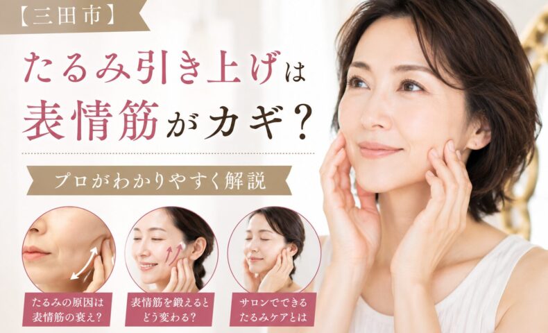 三田市でたるみ引き上げをテーマに、表情筋と顔のたるみの関係をプロがわかりやすく解説するブログ記事のアイキャッチ画像