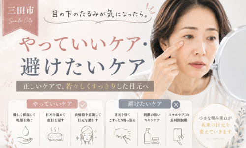 三田市で目の下のたるみに悩む女性向けに、やっていいケアと避けたいケアを紹介するアイキャッチ画像