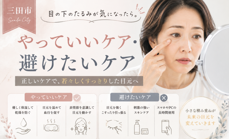 三田市で目の下のたるみに悩む女性向けに、やっていいケアと避けたいケアを紹介するアイキャッチ画像