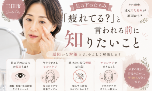 三田市で目の下のたるみに悩む女性が鏡で目元を確認する様子と、原因やセルフケア、NG習慣を紹介するアイキャッチ画像