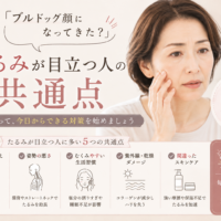 三田市で顔のたるみに悩む女性が鏡を見ながら頬を確認する様子と、たるみが目立つ人の共通点を紹介するアイキャッチ画像