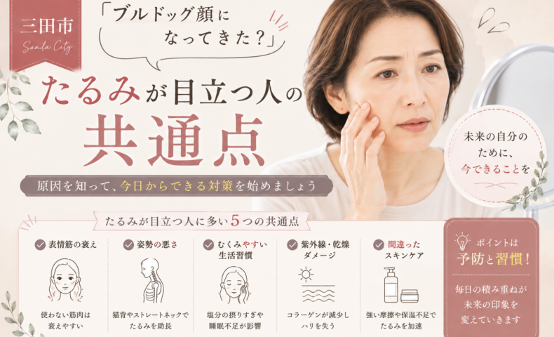 三田市で顔のたるみに悩む女性が鏡を見ながら頬を確認する様子と、たるみが目立つ人の共通点を紹介するアイキャッチ画像