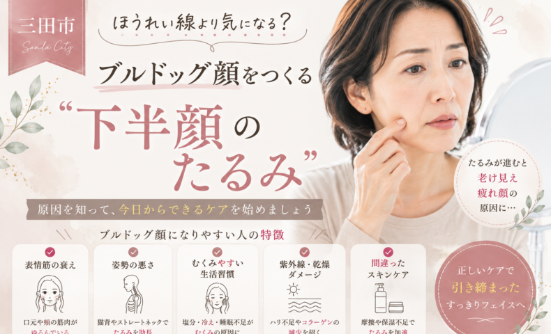 三田市でブルドッグ顔や下半顔のたるみに悩む女性向けに、たるみの原因やケア方法を紹介するアイキャッチ画像