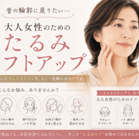三田市の大人女性向けたるみケアを紹介するアイキャッチ。鏡を見ながら頬やフェイスラインのたるみを確認する女性と、リフトアップケアのポイントを掲載。