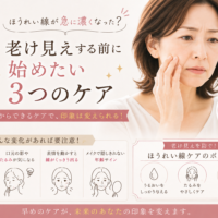 三田市のほうれい線ケアを紹介するアイキャッチ。鏡を見ながら頬や口元を確認する大人の日本人女性と、老け見えを防ぐために始めたい3つのケアを掲載。