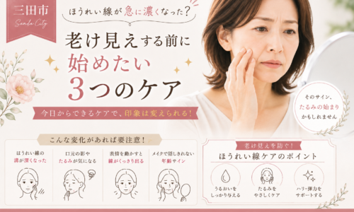 三田市のほうれい線ケアを紹介するアイキャッチ。鏡を見ながら頬や口元を確認する大人の日本人女性と、老け見えを防ぐために始めたい3つのケアを掲載。