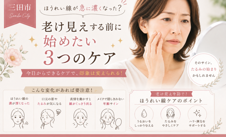 三田市のほうれい線ケアを紹介するアイキャッチ。鏡を見ながら頬や口元を確認する大人の日本人女性と、老け見えを防ぐために始めたい3つのケアを掲載。
