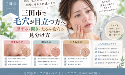 三田市で毛穴が目立つ方へ、黒ずみ毛穴・開き毛穴・たるみ毛穴の特徴と見分け方を紹介するアイキャッチ画像