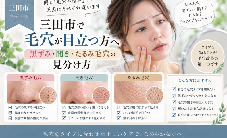 三田市で毛穴が目立つ方へ、黒ずみ毛穴・開き毛穴・たるみ毛穴の特徴と見分け方を紹介するアイキャッチ画像