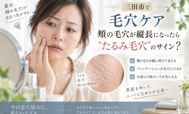 三田市で頬の縦長毛穴が気になる方へ、たるみ毛穴のサインと毛穴ケアを紹介するアイキャッチ画像