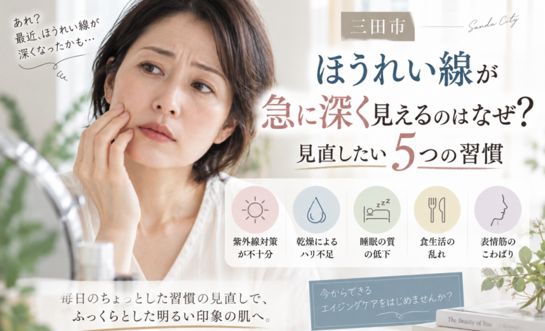 三田市でほうれい線が急に深く見えると感じる大人女性へ、見直したい5つの生活習慣を紹介するアイキャッチ画像