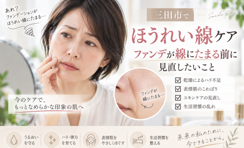 三田市でほうれい線が気になる方へ、ファンデーションが線にたまる原因とケアの見直しポイントを紹介するアイキャッチ画像