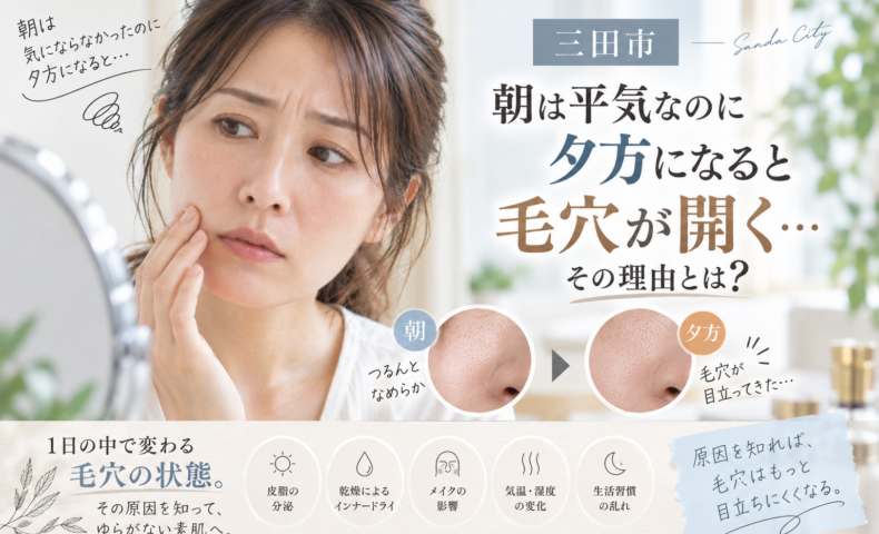 三田市で夕方の毛穴の開きが気になる大人女性へ、朝は平気なのに夕方になると毛穴が目立つ原因を紹介するアイキャッチ画像