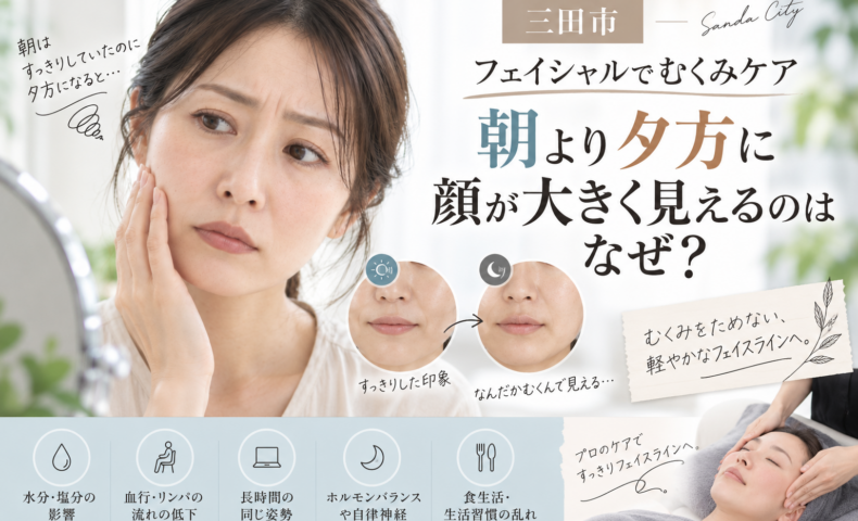 三田市で夕方の顔のむくみが気になる方へ、朝より顔が大きく見える原因とフェイシャルケアを紹介するアイキャッチ画像