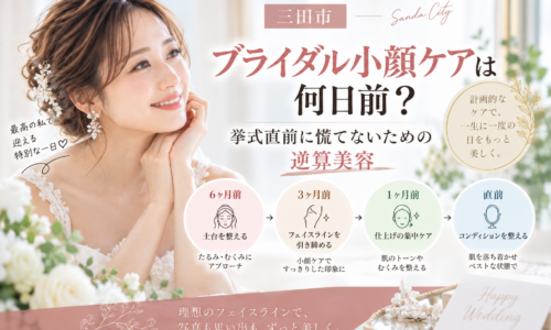 三田市でブライダル小顔ケアを検討する花嫁へ、挙式何日前から始めるか逆算美容のスケジュールを紹介するアイキャッチ画像