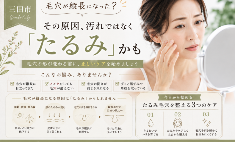 三田市で毛穴が縦長に見える原因を解説するアイキャッチ画像。たるみによる毛穴の変化やケア方法を紹介