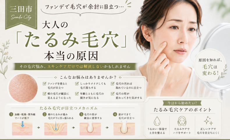 三田市でファンデーションを塗ると毛穴が目立つ大人女性に向け、たるみ毛穴の原因とケア方法を解説するイメージ