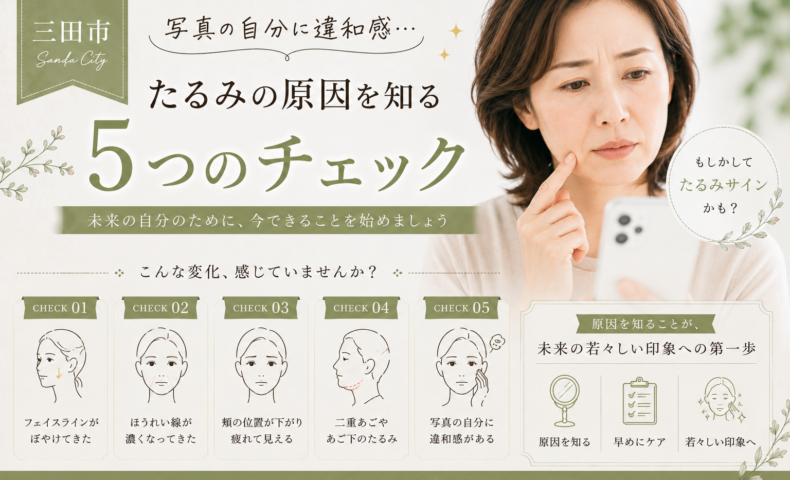 三田市で写真に写る自分の顔に違和感を感じる大人女性へ、フェイスラインやほうれい線、頬の位置などたるみの原因を知る5つのチェックを紹介