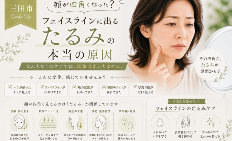 三田市で顔が四角くなったと感じる大人女性へ、フェイスラインに出るたるみの原因とケアのポイントを解説