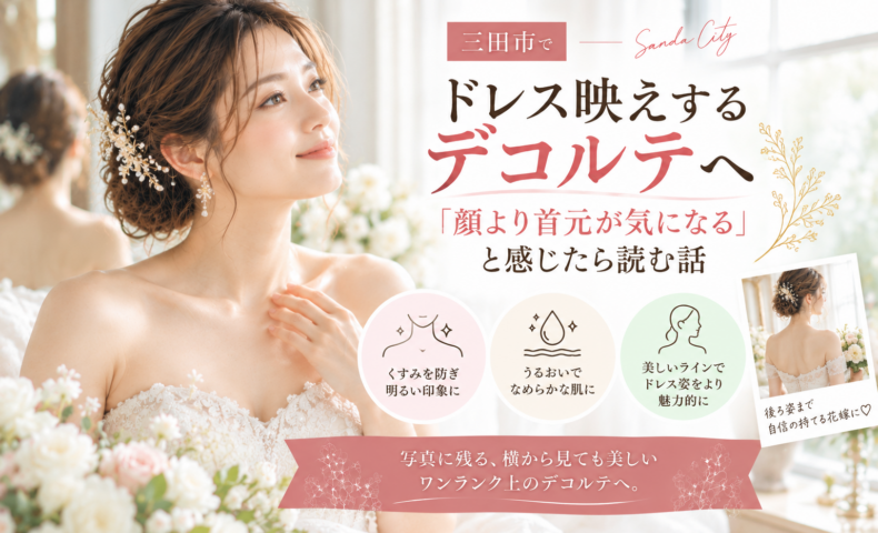 三田市でドレス映えするデコルテを目指す花嫁へ、首元やデコルテケアのポイントを紹介するアイキャッチ画像