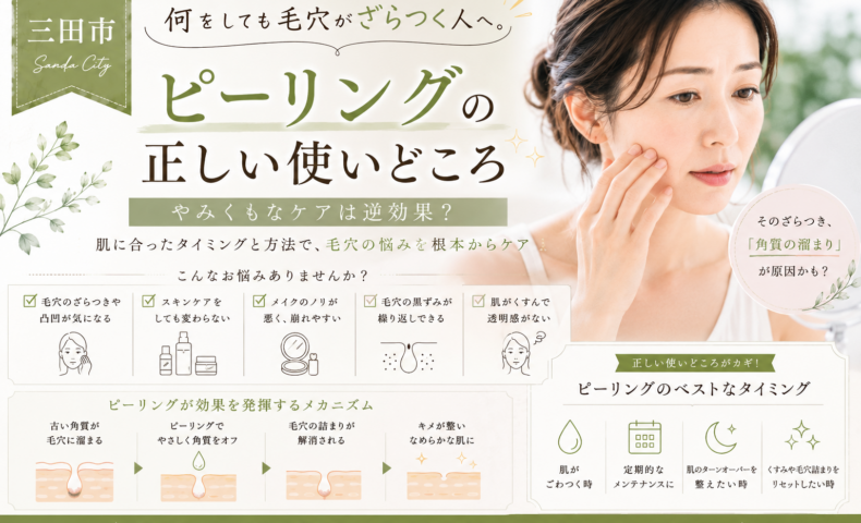 三田市で毛穴のざらつきに悩む大人女性へ、ピーリングの正しい使いどころや角質ケアのポイントを解説するイメージ