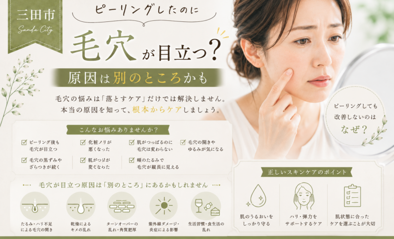 三田市でピーリング後も毛穴が目立つ原因と、たるみ・乾燥・肌のキメなど毛穴悩みのポイントを解説するアイキャッチ画像