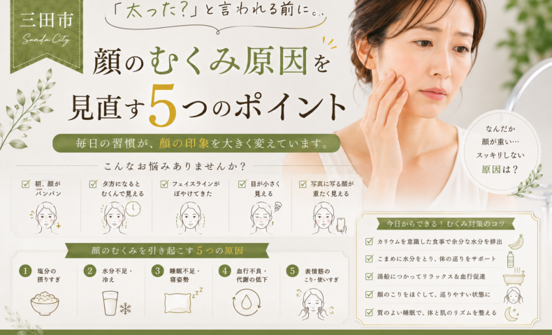 三田市で顔のむくみが気になる大人女性へ、むくみの原因を見直す5つのポイントを紹介するアイキャッチ画像