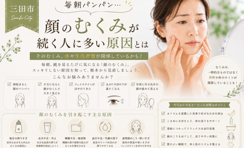 三田市で毎朝の顔のむくみに悩む大人女性へ、顔のむくみが続く原因と対策を紹介するアイキャッチ画像