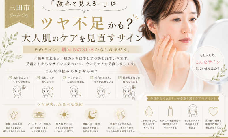 三田市で疲れて見える印象や肌のツヤ不足が気になる大人女性へ、肌ケアを見直すサインを紹介するアイキャッチ画像
