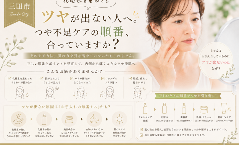 三田市で化粧水を重ねてもツヤが出ない大人肌に、つや不足ケアの正しい順番とポイントを解説するアイキャッチ画像