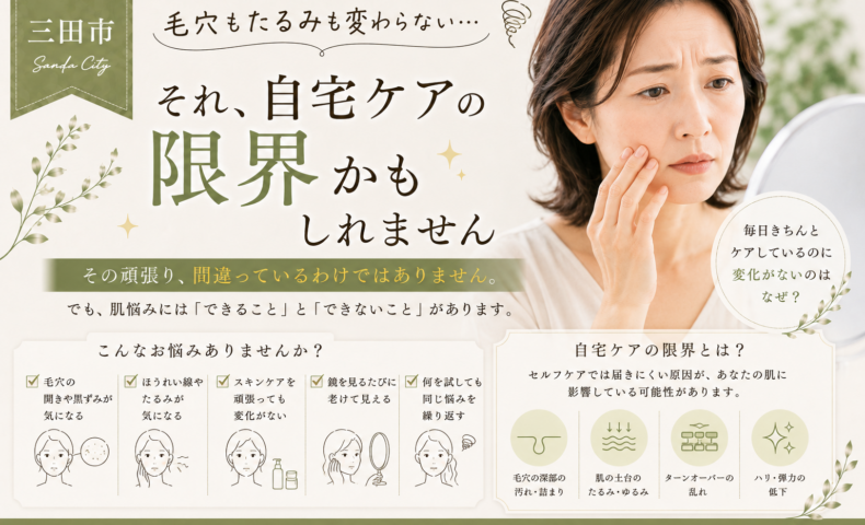 三田市で毛穴やたるみが変わらないと悩む大人女性へ、自宅ケアの限界と肌に合ったケアを紹介するアイキャッチ画像