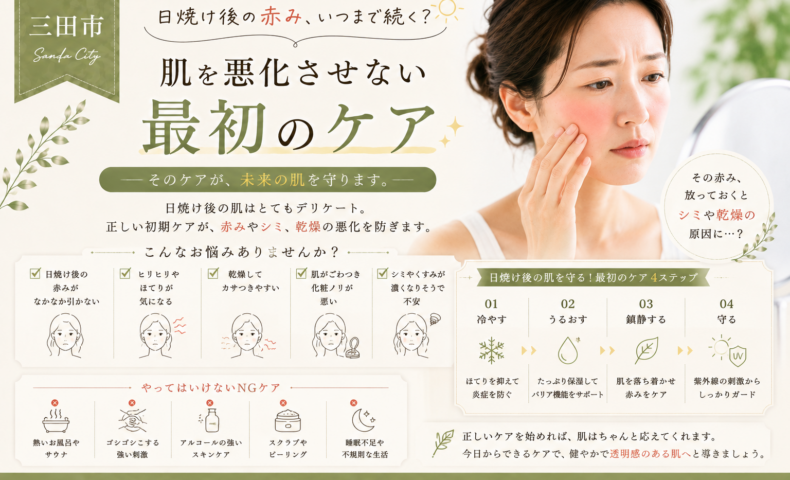三田市で日焼け後の赤みが気になる人へ、肌を悪化させないための最初のケアを紹介するアイキャッチ画像