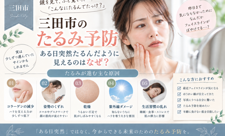 三田市でたるみ予防が気になる方へ、ある日突然たるんだように見える理由と主な原因を紹介するアイキャッチ画像