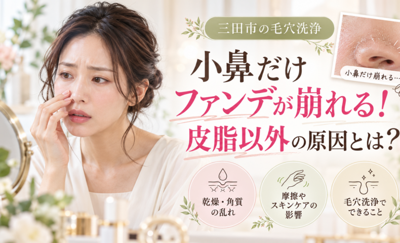 三田市で毛穴洗浄を検討している方へ、小鼻だけファンデーションが崩れる原因として、皮脂だけでなく乾燥・角質の乱れ・摩擦などに注目し、毛穴ケアのポイントを紹介するアイキャッチ画像