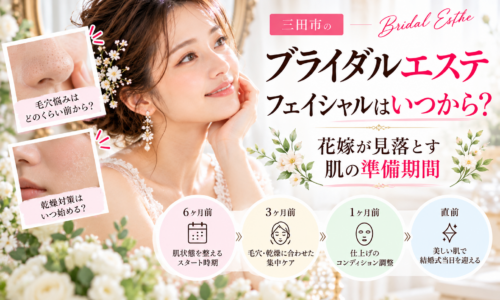 三田市でブライダルエステを検討する花嫁さんへ、結婚式の6ヶ月前・3ヶ月前・1ヶ月前・直前を目安にしたフェイシャルケアの準備期間と、毛穴・乾燥などの肌悩みに合わせたお手入れを紹介するアイキャッチ画像