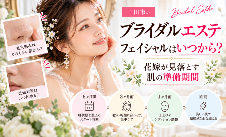 三田市でブライダルエステを検討する花嫁さんへ、結婚式の6ヶ月前・3ヶ月前・1ヶ月前・直前を目安にしたフェイシャルケアの準備期間と、毛穴・乾燥などの肌悩みに合わせたお手入れを紹介するアイキャッチ画像