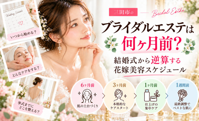三田市でブライダルエステを検討する花嫁さんへ、結婚式の6ヶ月前・3ヶ月前・1ヶ月前・1週間前を目安にした花嫁美容スケジュールを紹介するアイキャッチ画像
